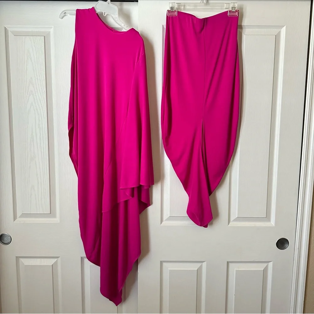 New Zara 2 Piece Fuchsia Pink Asymmetric Top and Draped Midi Skirt Small
